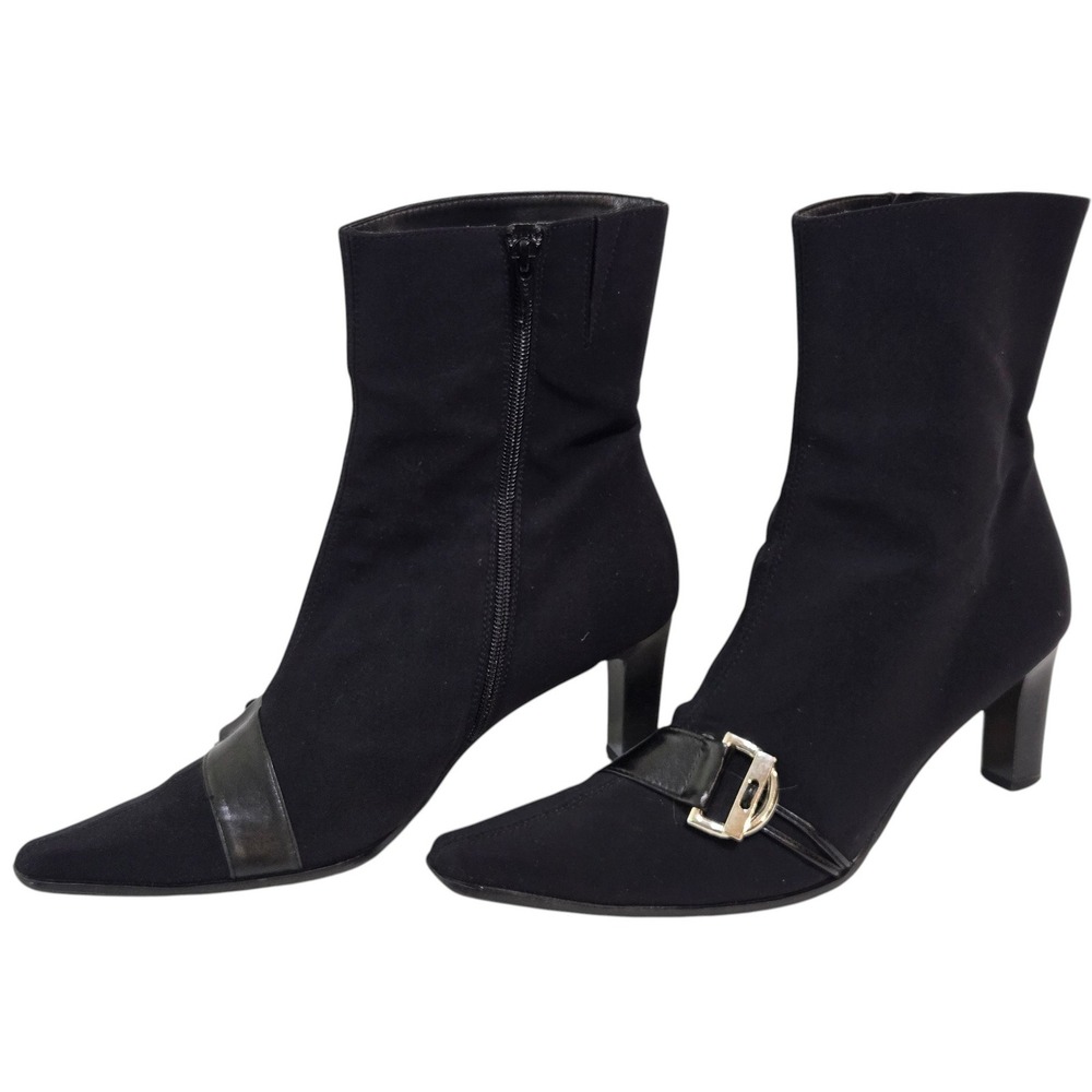 Paul Green Ankle Boots 9 US 7 UK Leather lined Fabric Black Buckle Pointed Toe